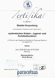 Zertifikat Systemische Kinder-, Jugend- und Familienberaterin - Monika Kreyenborg, Kreative Psychotherapie Bottrop