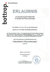 Bescheinigung Heilpraktikerin für Psychotherapie - Monika Kreyenborg, Kreative Psychotherapie Bottrop